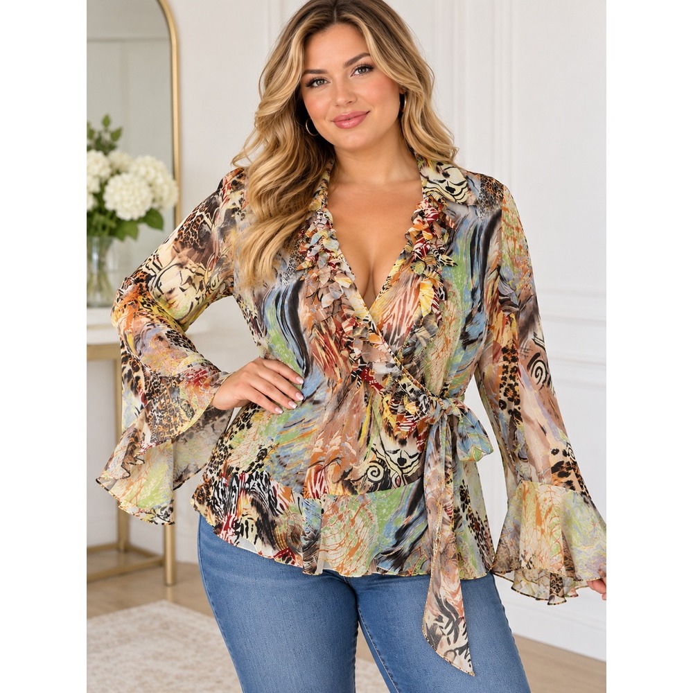 Studio 1940 XL Sheer Animal Print Wrap Blouse Ruffle Bell Sleeve Y2K Boho
